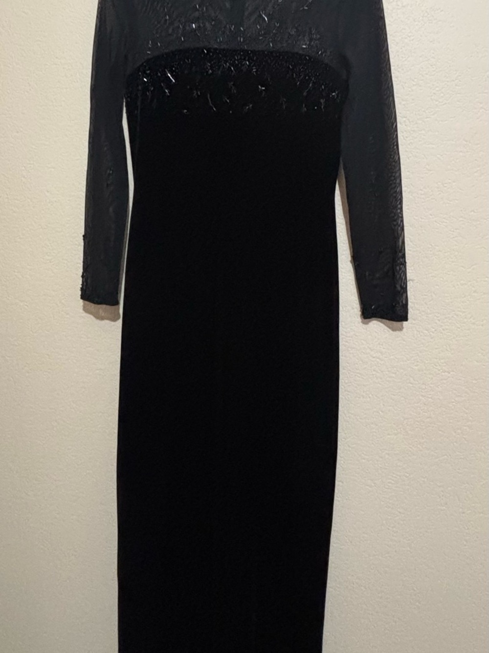 J.R. Nites  by Caliendo black sheer velour  Long sheer Sleeve Evening Dress